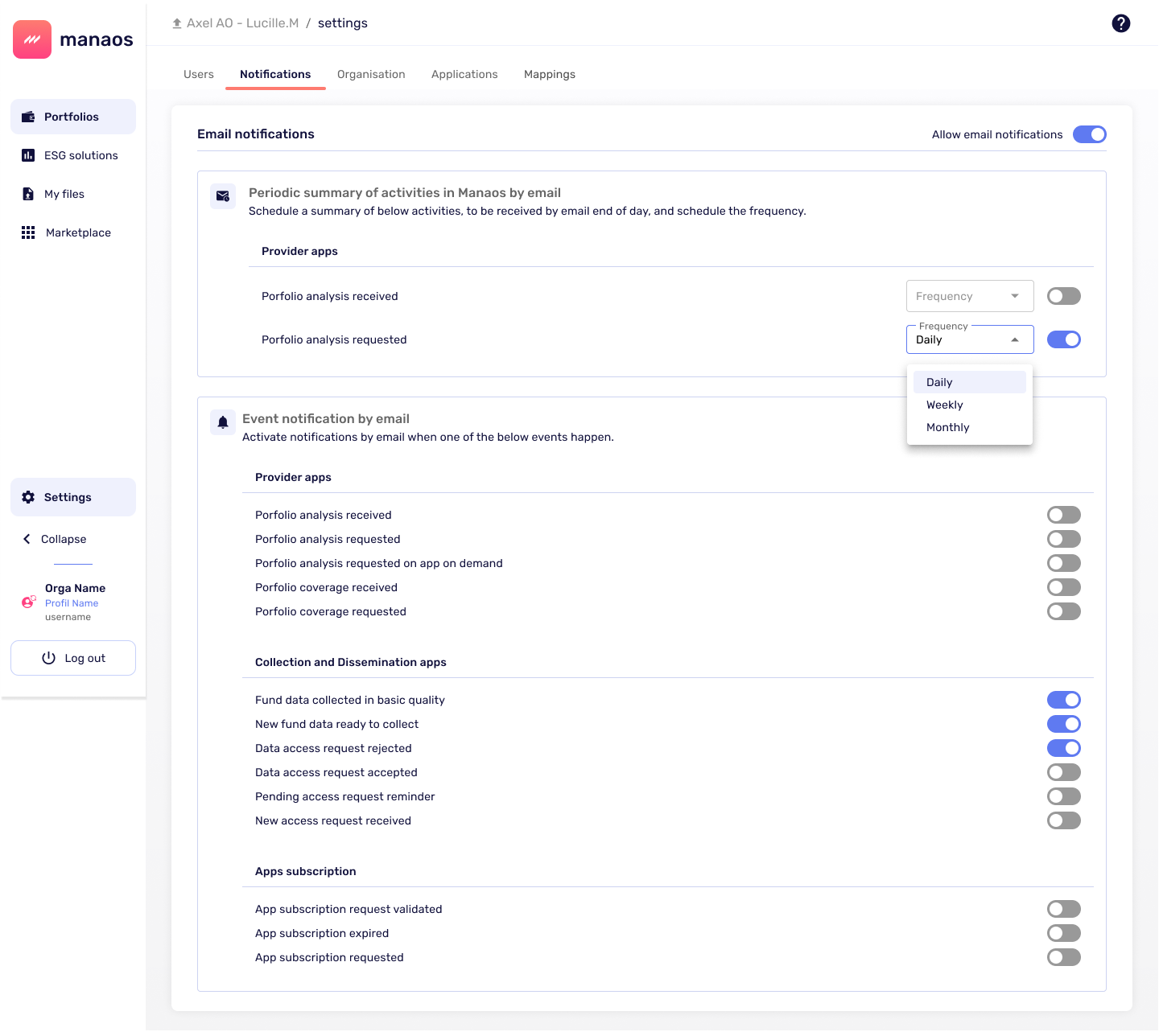 Page des paramètres de notifications email dans Manaos