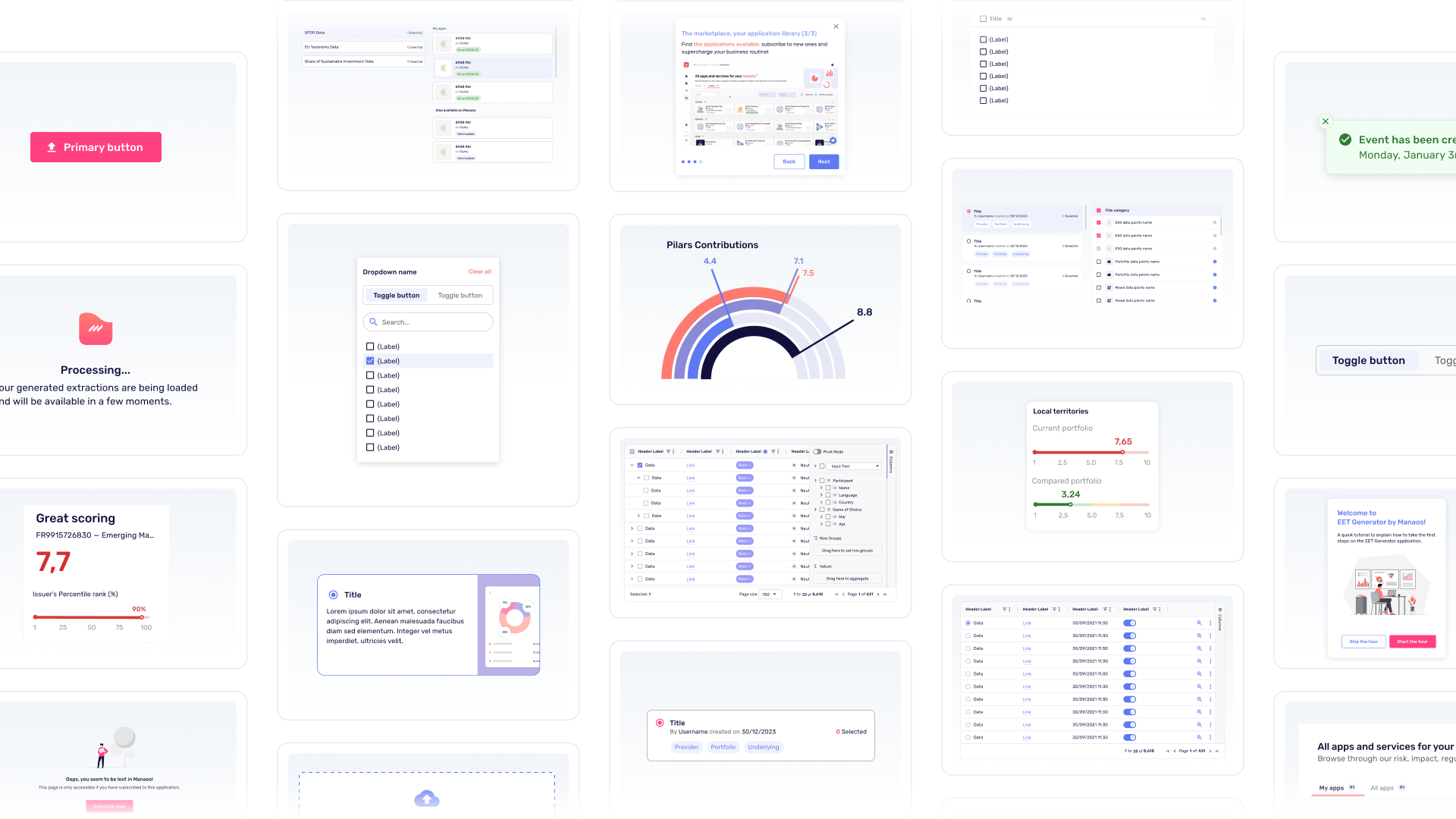 Librairie de composants du design system Manaos — boutons, dropdowns, tables, cards, notifications
