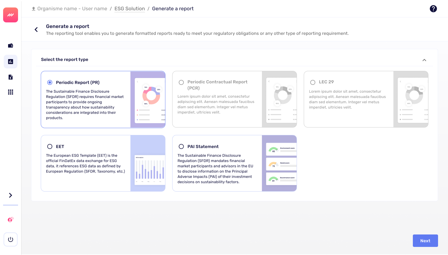 Maquette — choix du type de rapport ESG (Periodic Report, PCR, LEC 29, EET, PAI Statement)