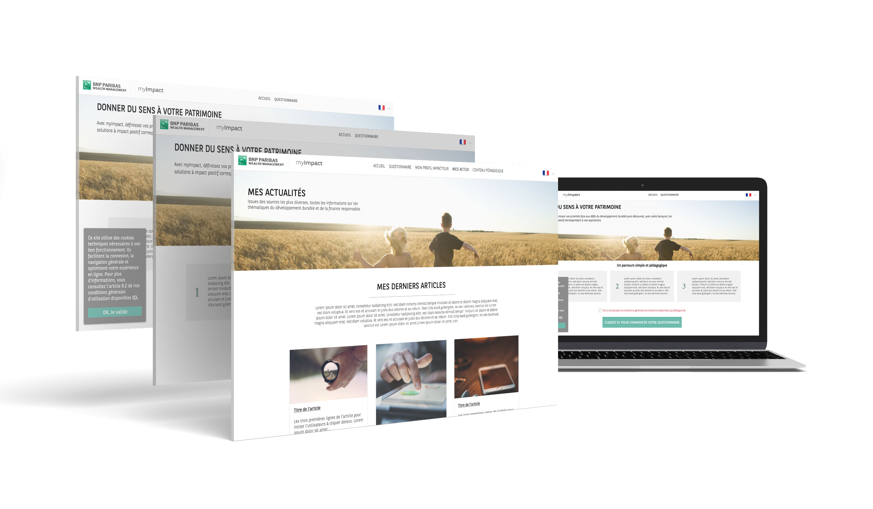 myImpact — version desktop, page d'accueil, questionnaire et actualités