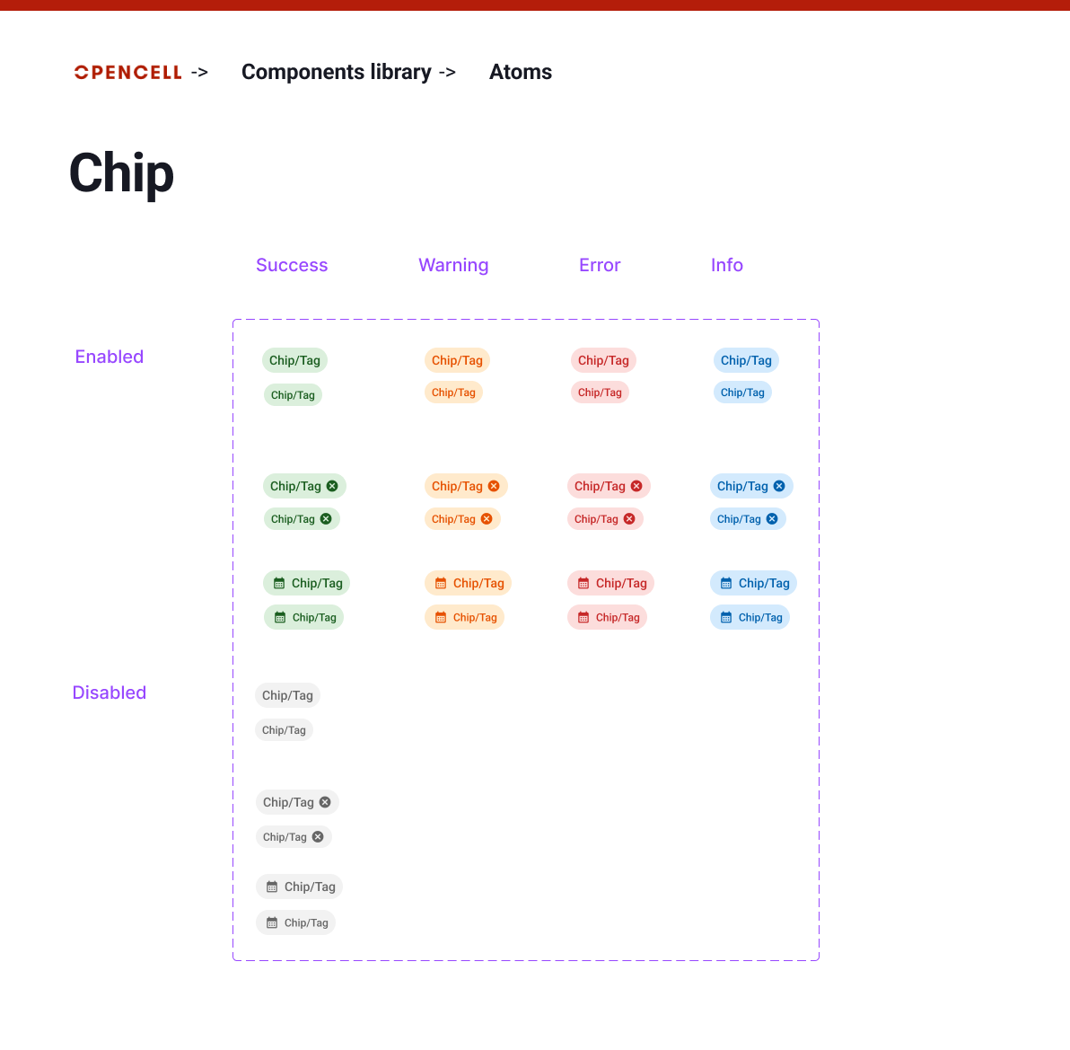 Composant Chip Opencell — variantes success, warning, error, info