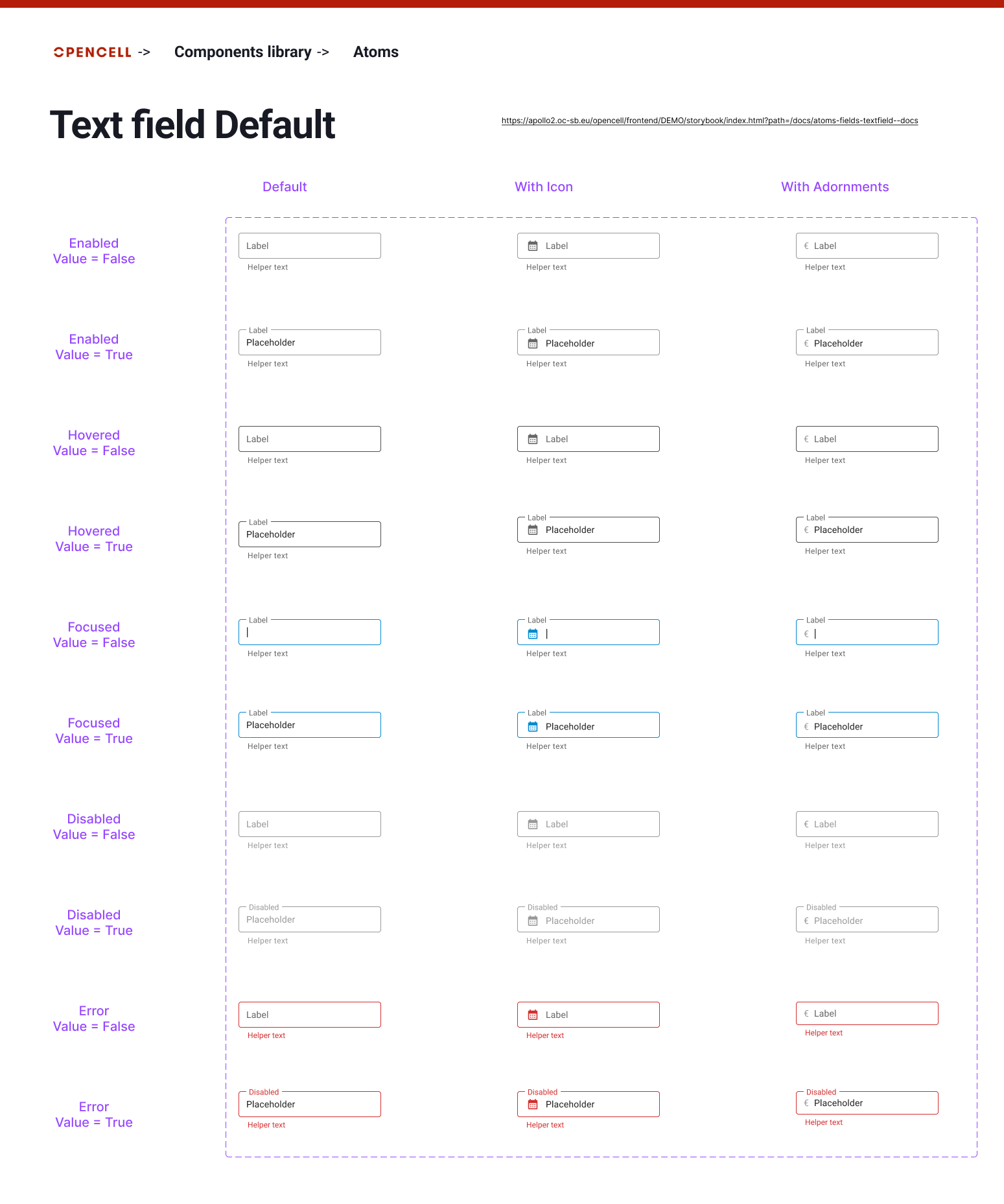 Composant Text field Opencell — default, with icon, with adornments, tous états