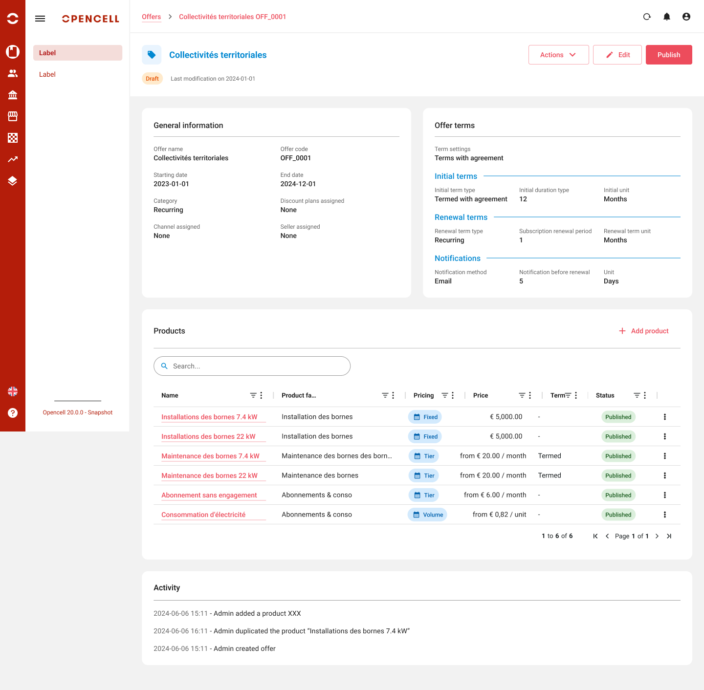 Fiche offre Opencell — mode consultation, brouillon