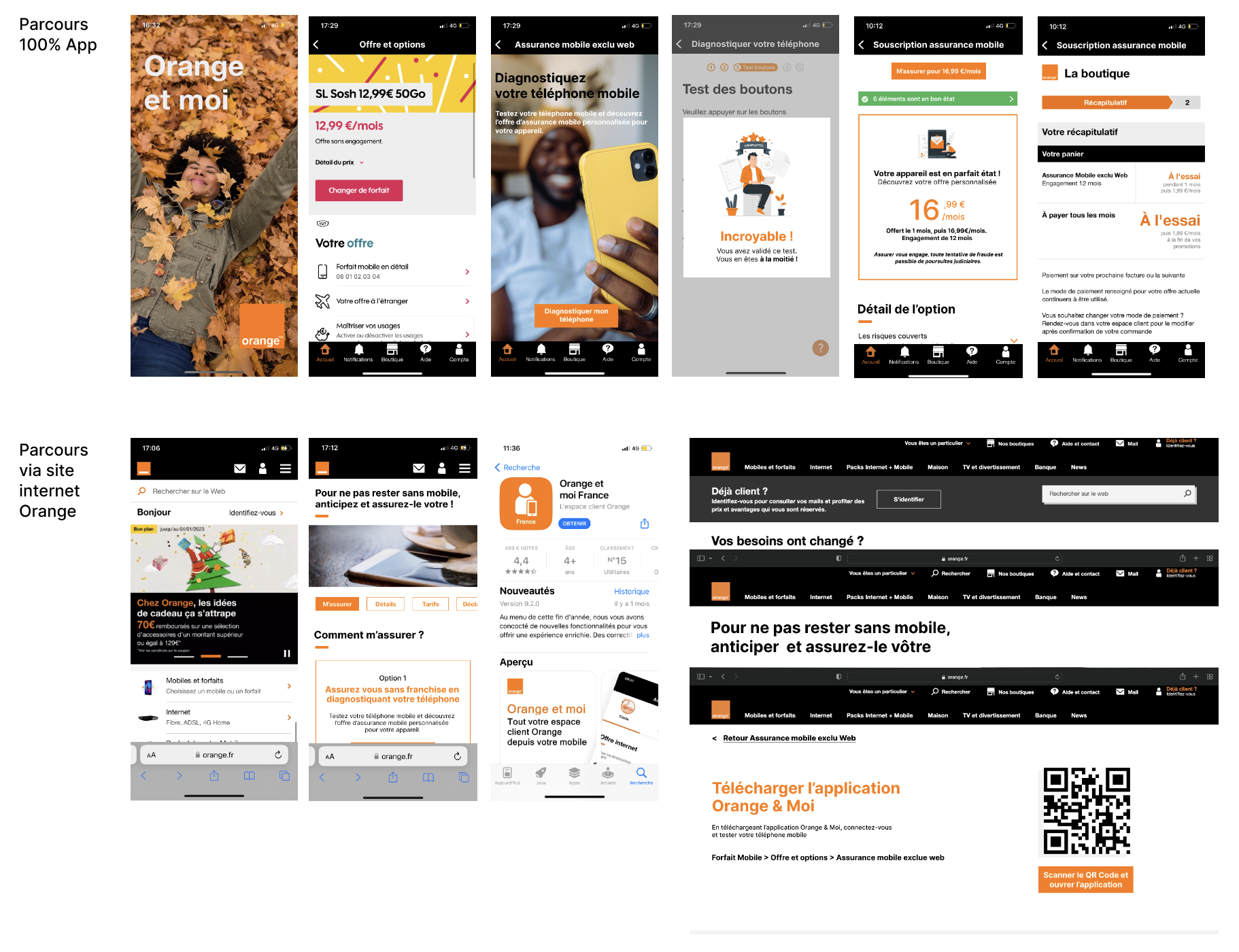 Prototypes cliquables — écrans du parcours 100% App et du parcours via le site internet Orange