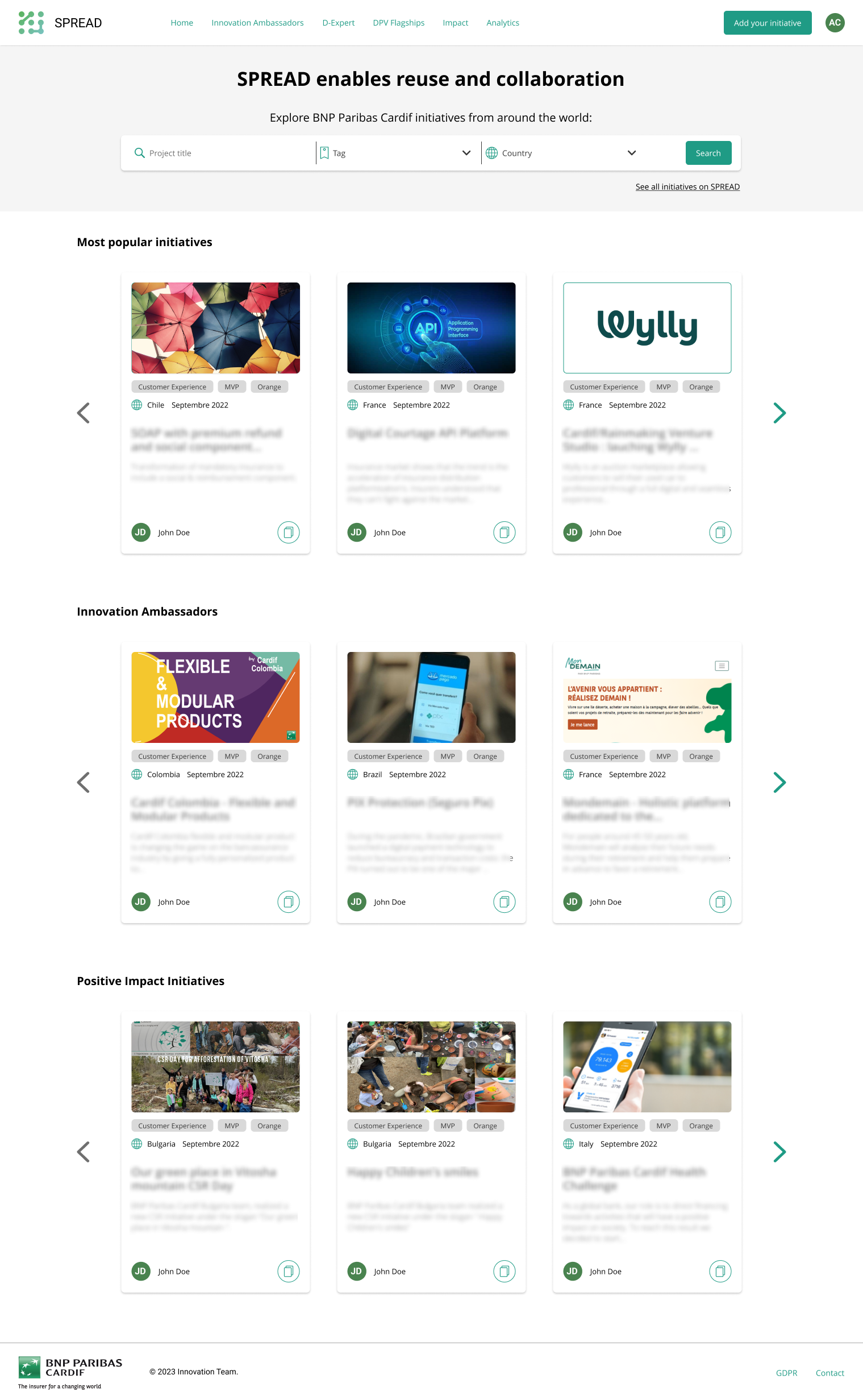 Page d'accueil du site Spread — initiatives populaires, Innovation Ambassadors, Positive Impact Initiatives