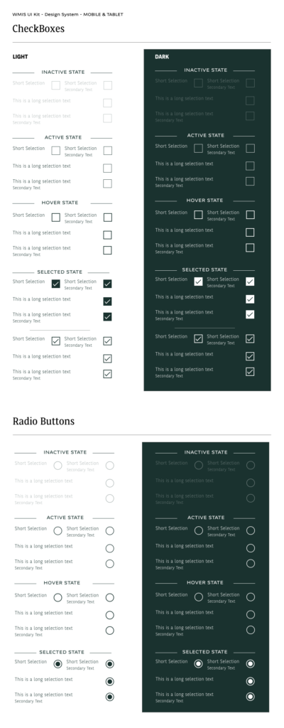 WMIS UI Kit — Checkboxes et radio buttons, light et dark