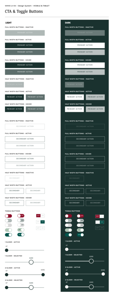 WMIS UI Kit — CTA et toggle buttons, light et dark