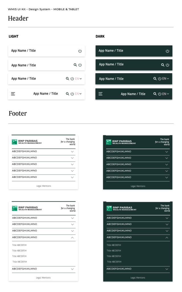 WMIS UI Kit — Header et footer mobile, light et dark